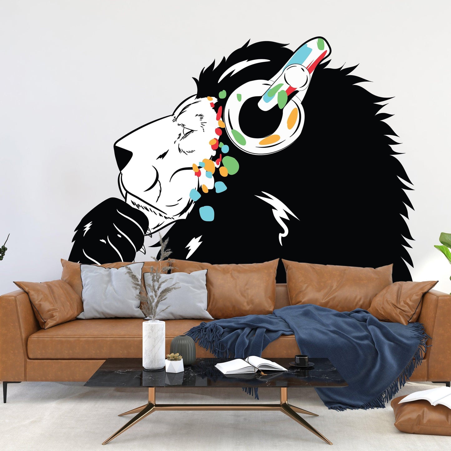 Contemporary lion DJ wall decal featuring a lion head with headphones, adding modern flair to home decor.