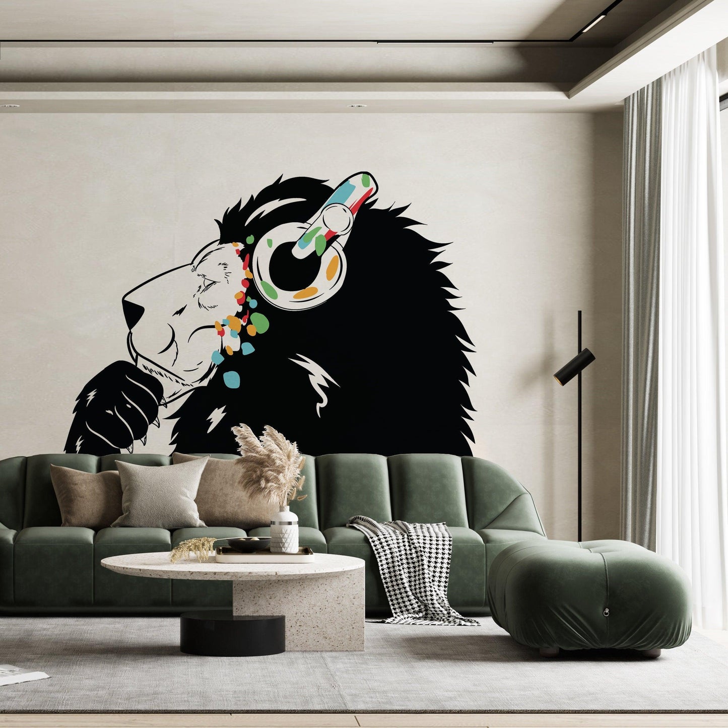 Contemporary lion DJ wall decal with headphones in a stylish living room setting.