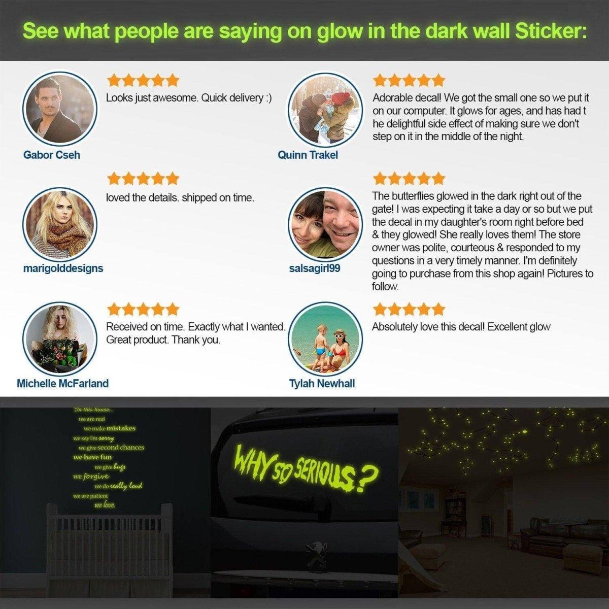 Customer reviews for Glow in Dark Alligator Wall Sticker highlighting satisfaction and magical glow effect.