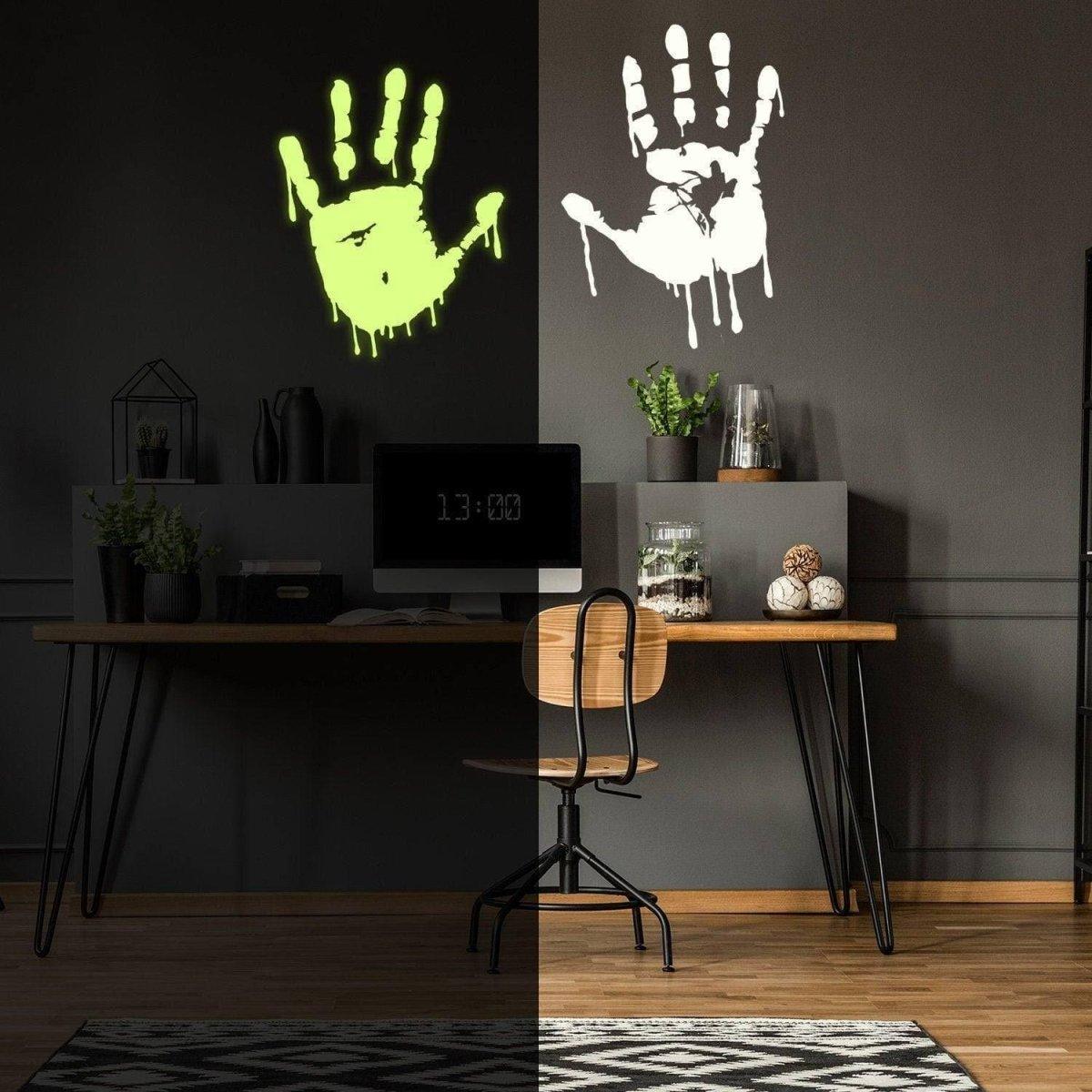 Glowing zombie blood wall decals in a stylish workspace, with a black and green handprint design.