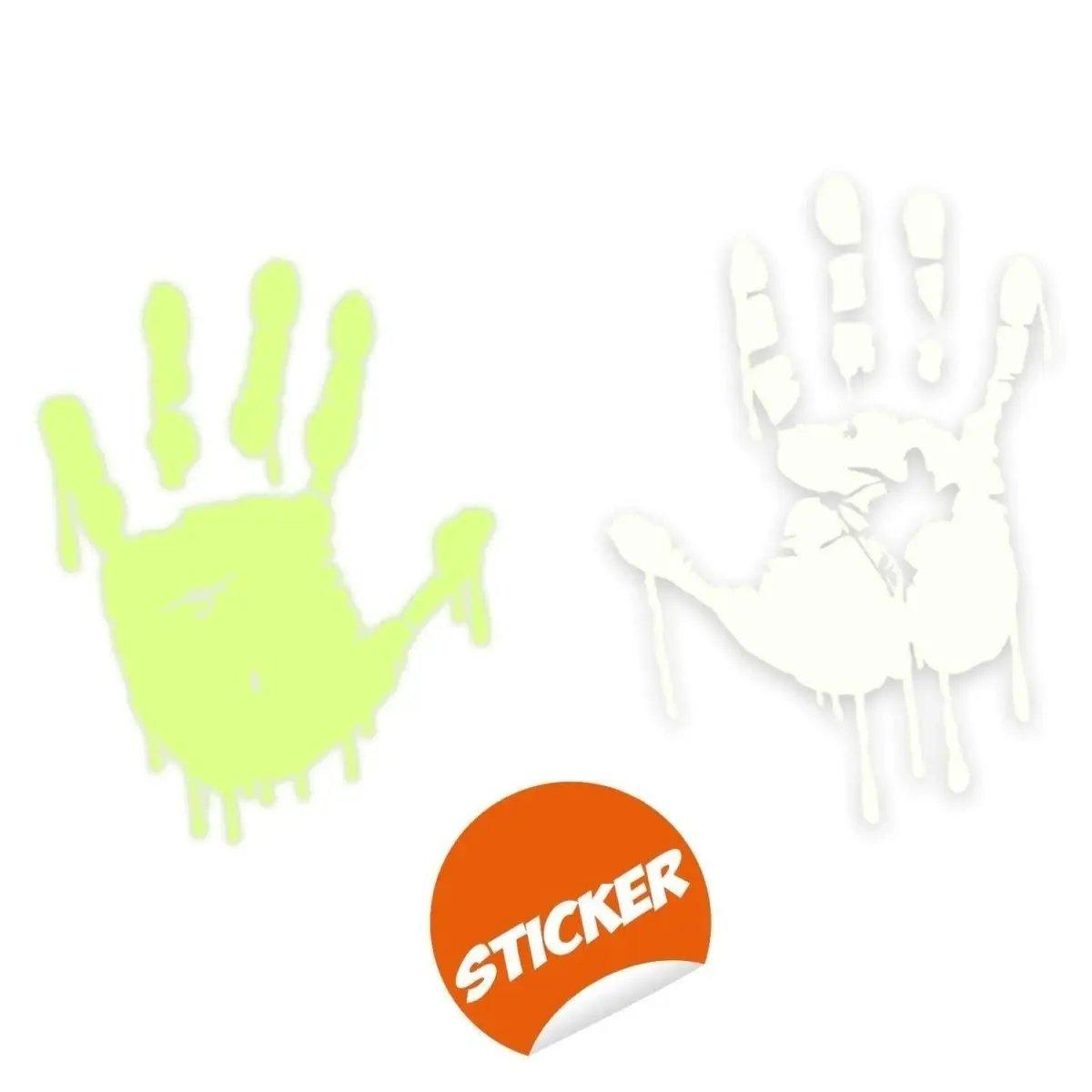 Glow in the dark bloody hands sticker for spooky Halloween decor, perfect for walls or cars.