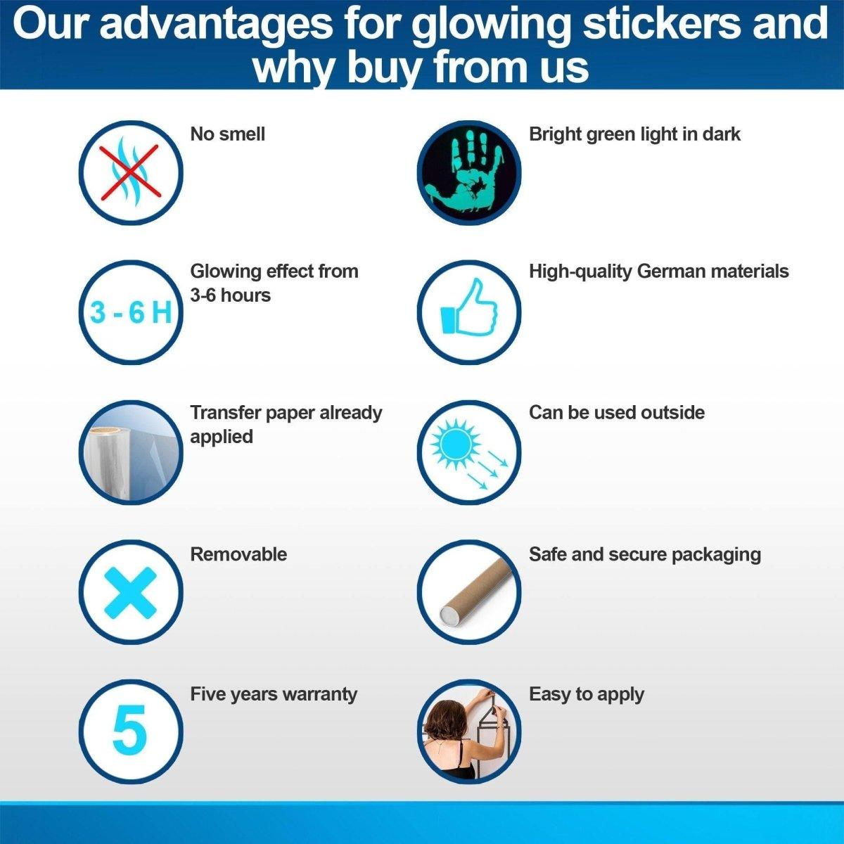 Advantages of glowing stickers: no smell, bright green glow, removable, high quality, 5-year warranty.