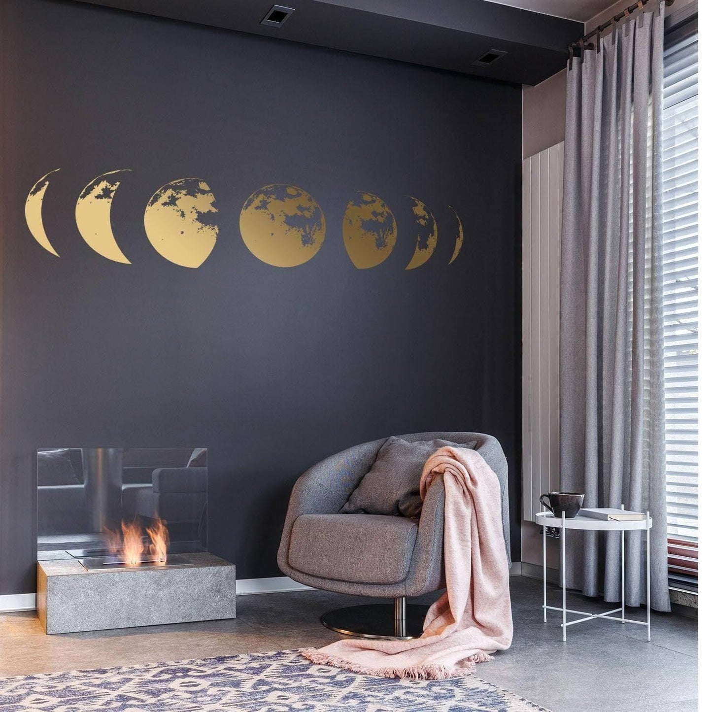 Lunar Harmony decal featuring moon phases on a dark wall, enhancing modern home decor with elegance.