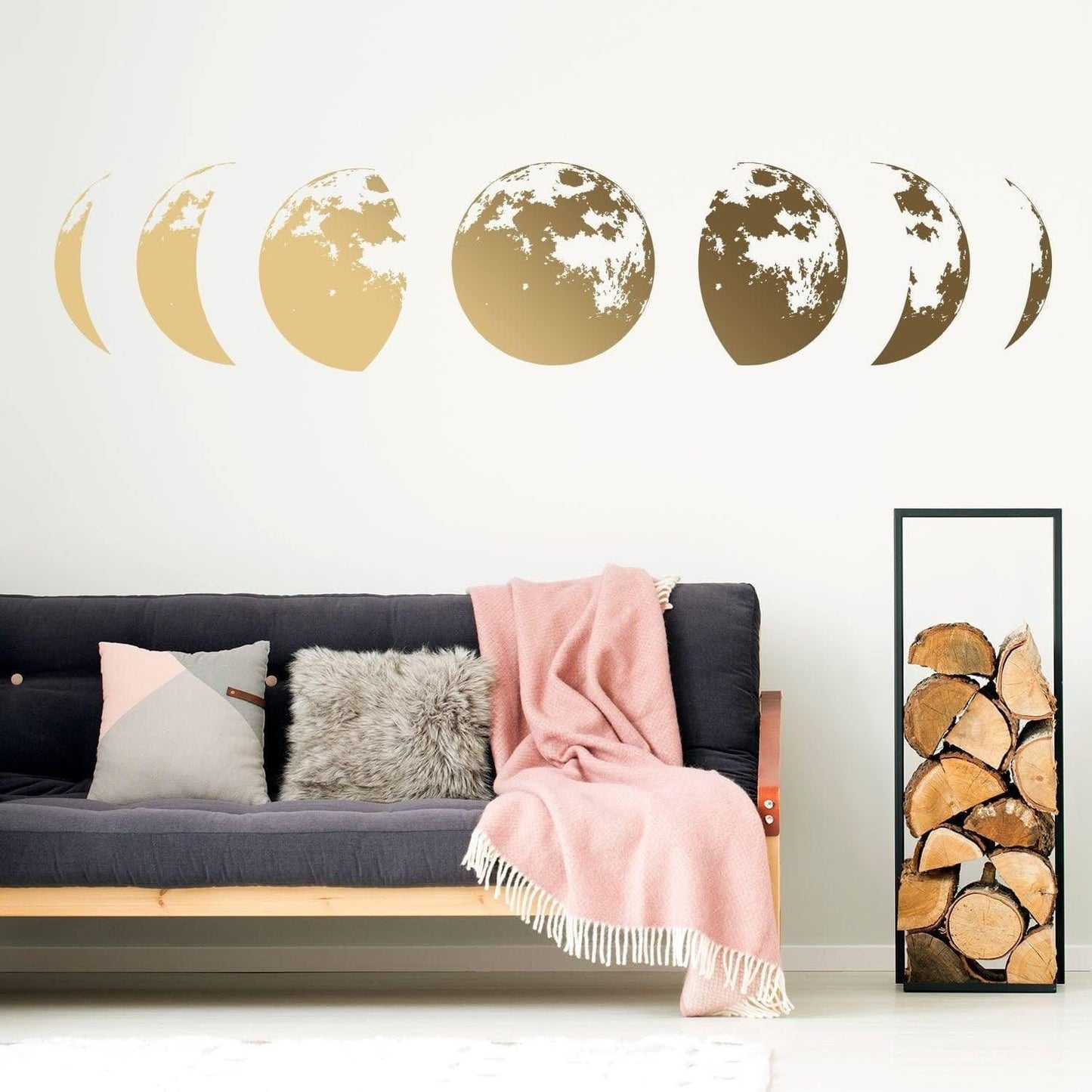 Lunar Harmony Wall Decal featuring moon phases in gold, perfect for home decor and adding a celestial touch.