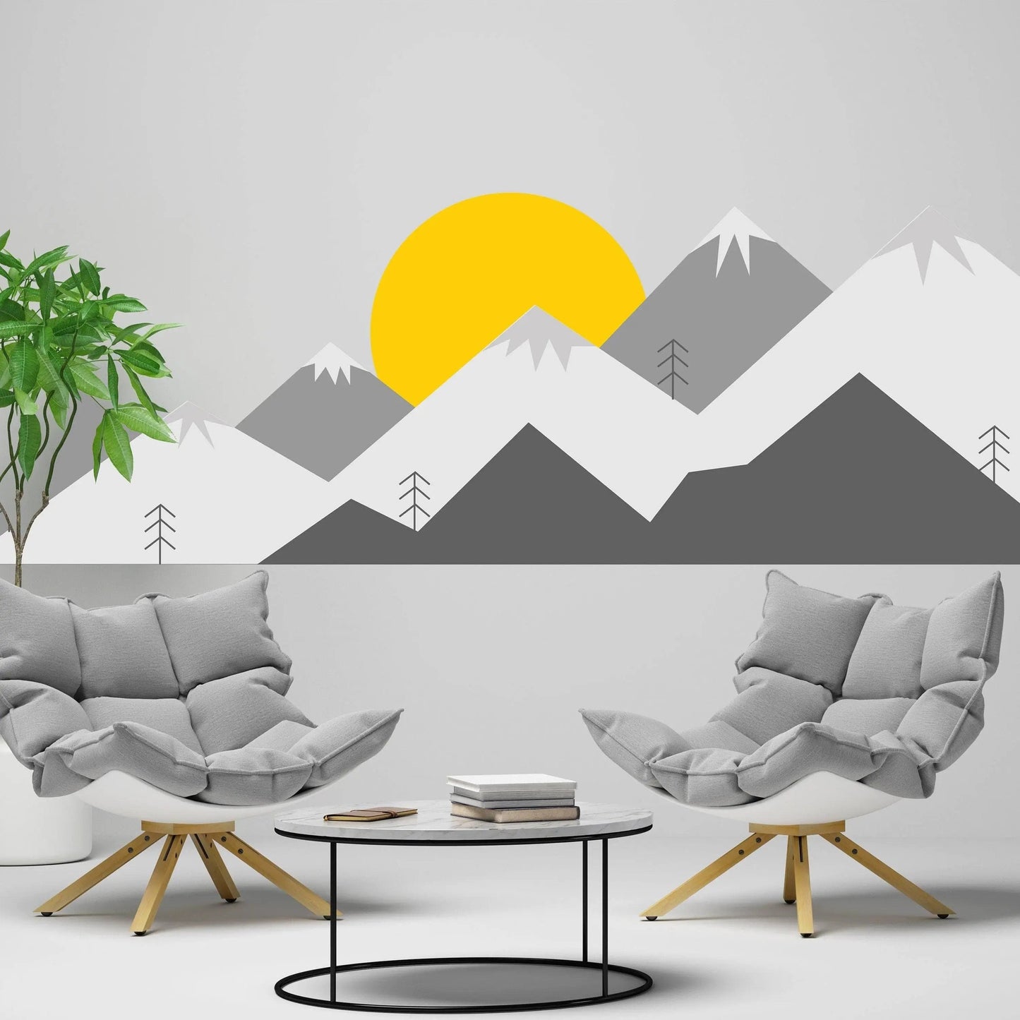 Mountain wall decal featuring a bright sun and minimalist design, enhancing modern interior decor.