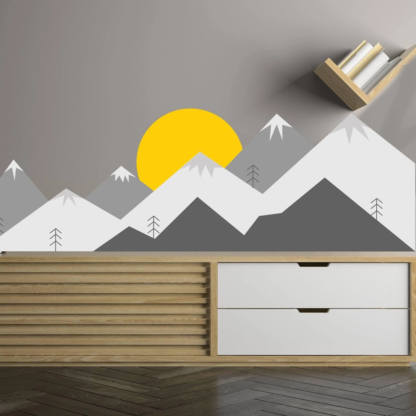 Stunning mountain wall decal with sun on a modern interior wall, perfect for transforming your space.