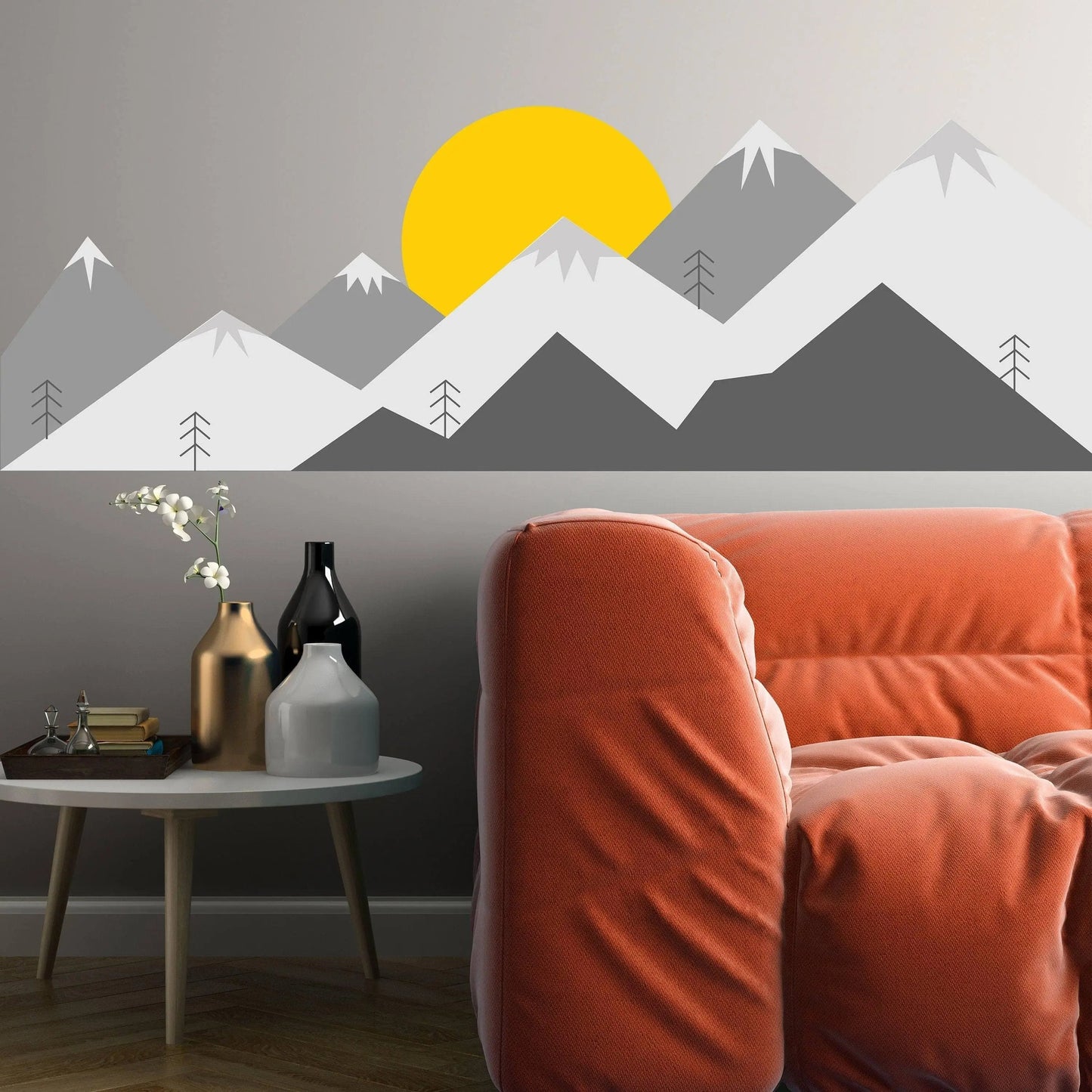 Majestic mountain wall decal with vibrant sun, enhancing cozy modern living room decor.