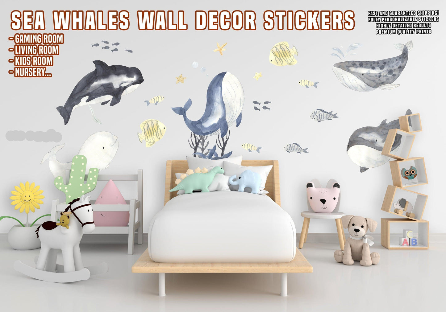 Ocean themed whale wall stickers for kids' room decor, perfect for nurseries and playrooms.