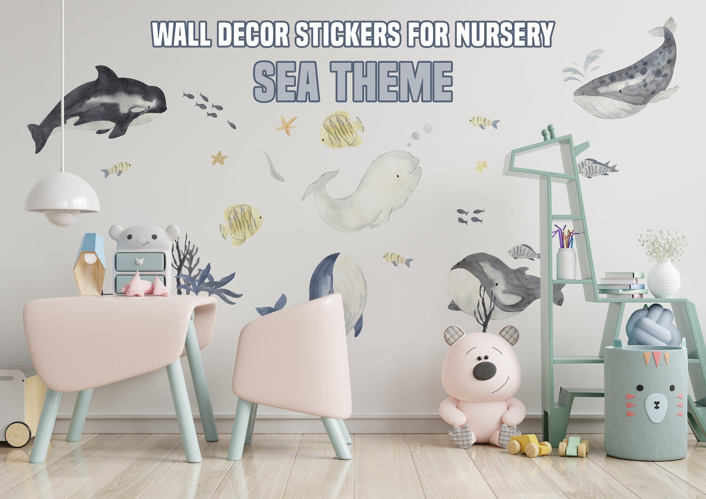 Ocean themed wall stickers for nursery featuring whales, dolphins, and fish, perfect for children's decor.