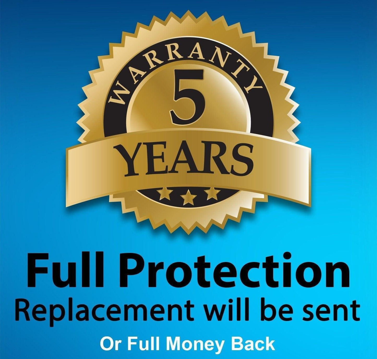 5-year warranty badge offering full protection and money-back guarantee on products.