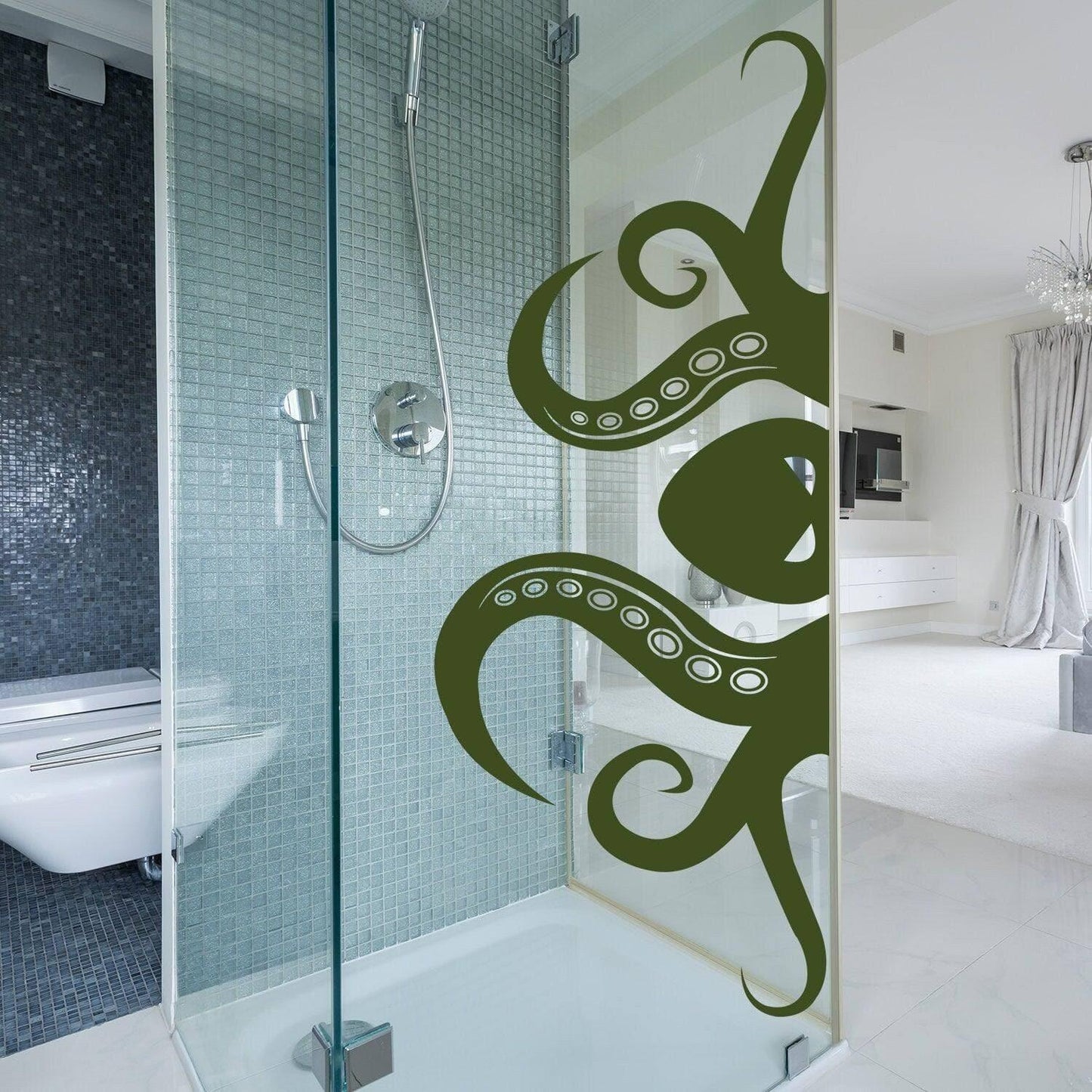 Octopus tentacle wall decal sticker in a modern bathroom shower, creating an oceanic theme.