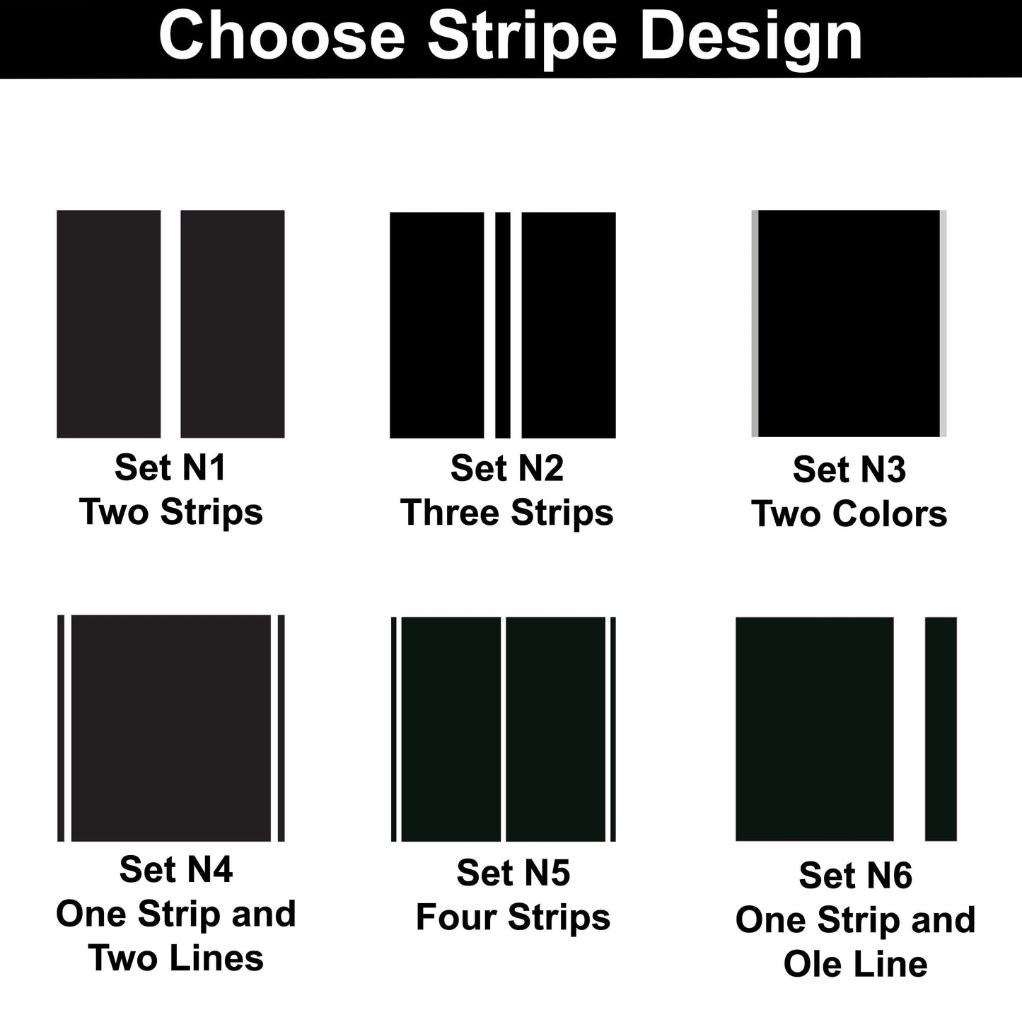 Choose from six racing stripe designs for car vinyl decals, including two, three, or four stripes options.