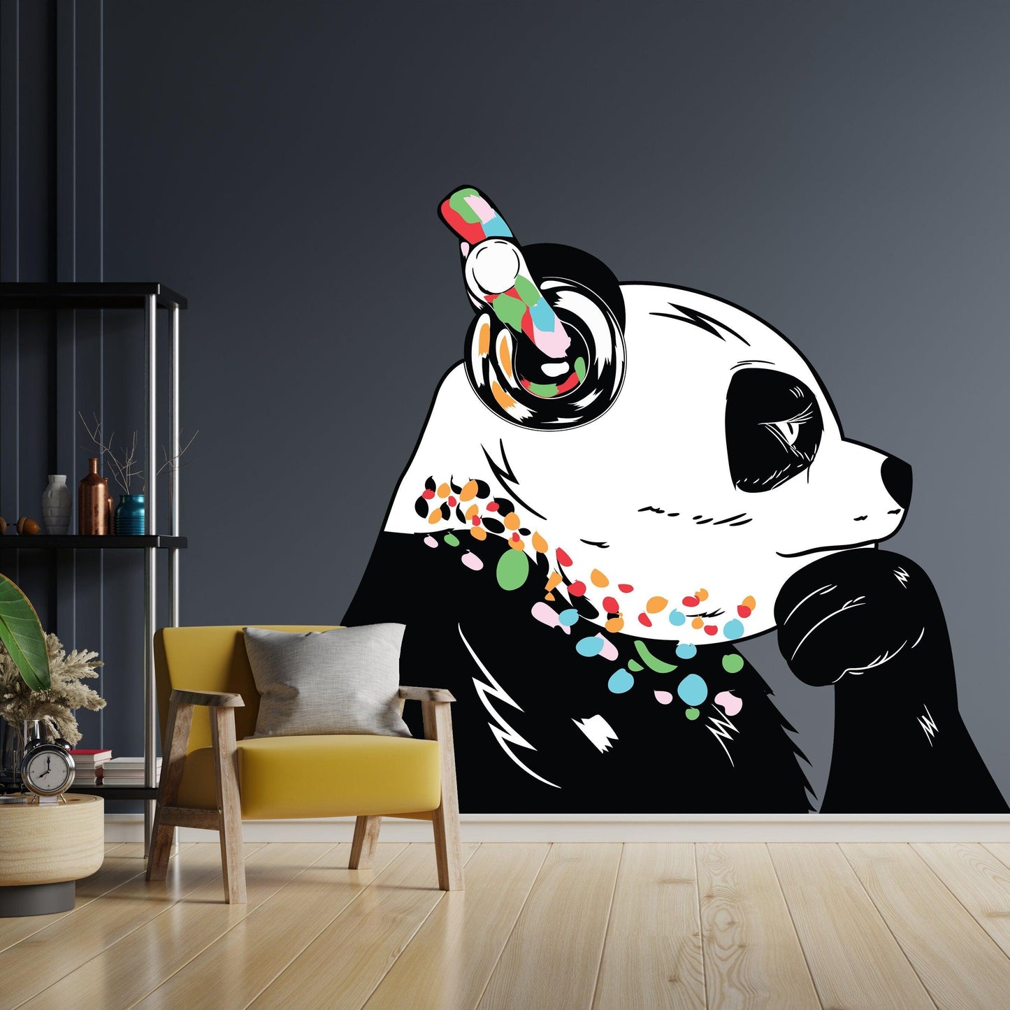Banksy-inspired vinyl decal of a panda wearing headphones in a stylish room setting