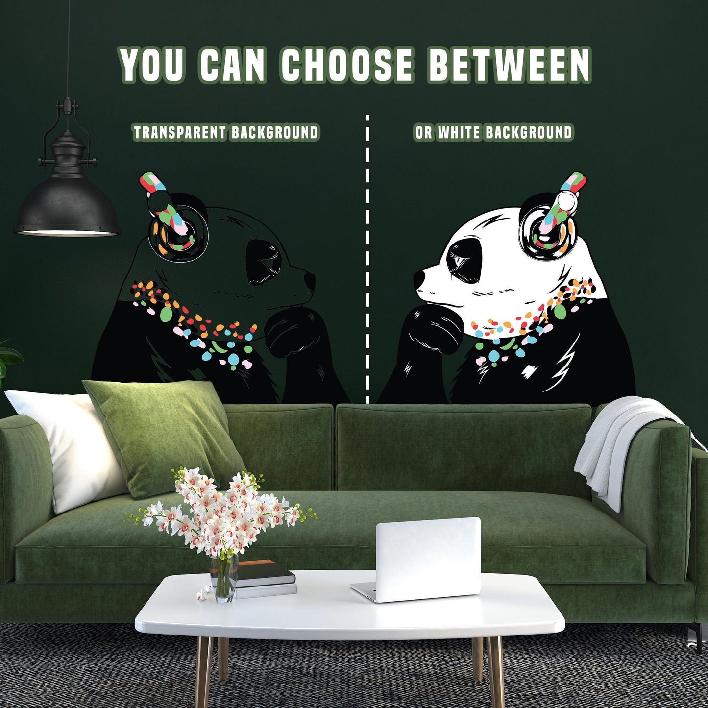 Banksy-inspired panda wall decal options on dark wall, showcasing transparent and white backgrounds.