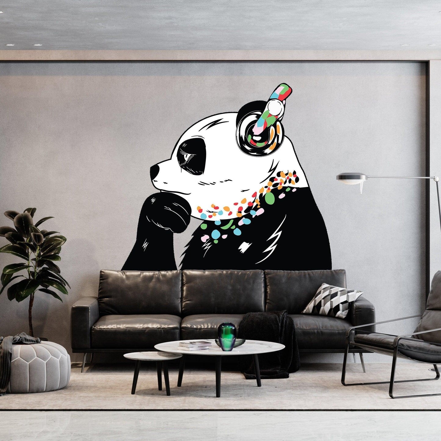 Thinking Panda wall sticker with headphones in modern living room decor, vibrant vinyl wall art for stylish spaces.
