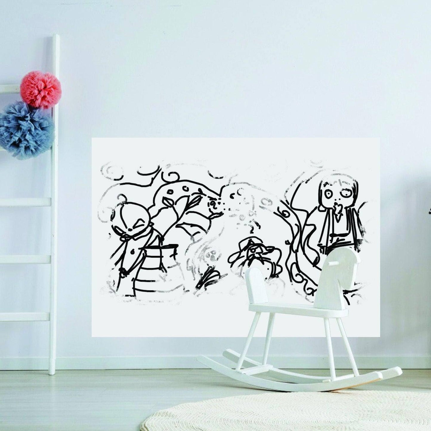 Creative dry erase vinyl decal with whimsical black drawings on a white wall, ideal for organization and fun.