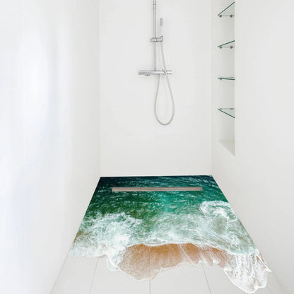 Underwater oasis wall decal featuring ocean waves on shower floor for bathroom decoration.