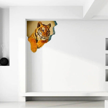 3D tiger wall decal creating an optical illusion, enhancing modern bedroom decor with vibrant colors.