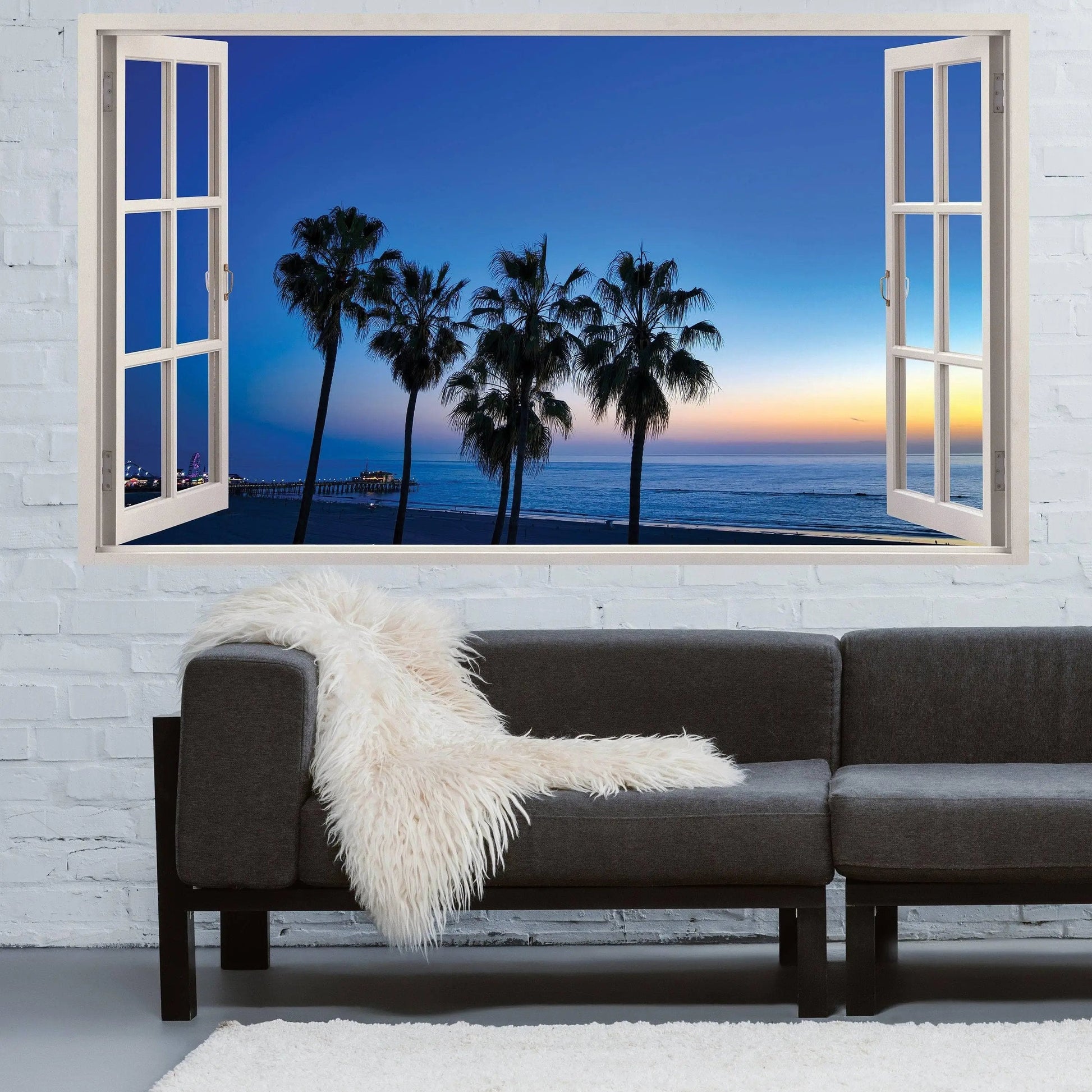 3D tropical beach view wall sticker with open windows, palm trees, and ocean sunset for home décor.