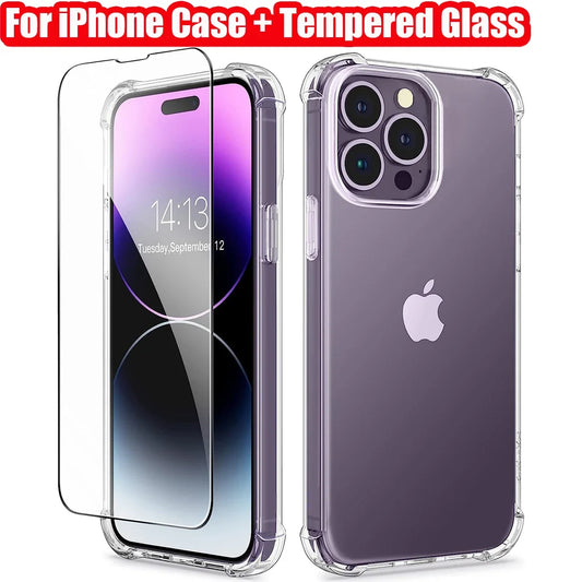 Clear IPHONE Case and Anti-Burst Screen Protector (Transparent Case+Tempered Glass)