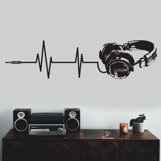 Adhesive music notes wall decal featuring headphones and soundwave design, perfect for decor enthusiasts.