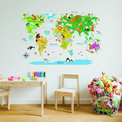 Colorful world map wall decal featuring animals, perfect for kids' rooms, adding adventure and fun to any space.