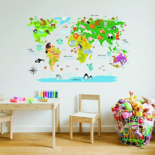 Colorful world map wall decal featuring animals, perfect for kids' rooms, adding adventure and fun to any space.