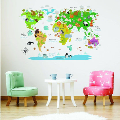 Colorful world map wall decal for kids featuring animals and oceans, perfect for adventurous children's rooms.