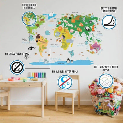 Colorful world map wall decal in a child's room, showcasing easy application and no bubbles or smell.