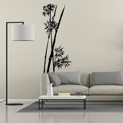 Bamboo wall art decal in a modern living room, adding a tropical touch to the decor.
