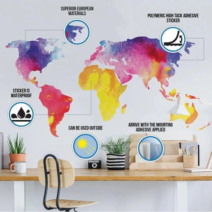 Colorful world map vinyl wall decal showcasing waterproof and outdoor-use features.