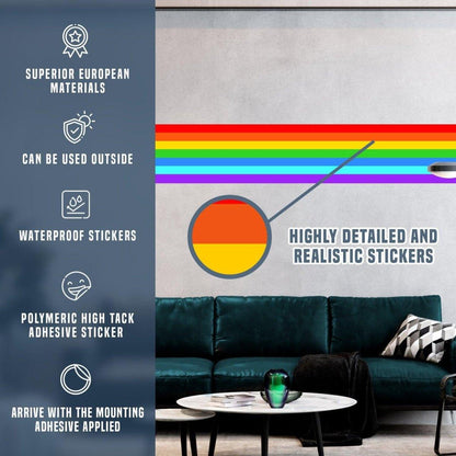 Vibrant Rainbow Spectrum Adhesive Wall Decal features waterproof material and easy installation, perfect for colorful room decor.