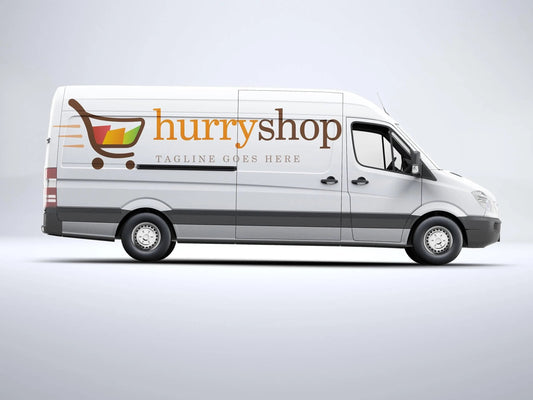 White delivery van with 'hurryshop' logo and shopping cart design, showcasing an efficient service.