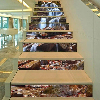 Custom fit stair riser decals featuring a serene waterfall design, enhancing home decor with style.