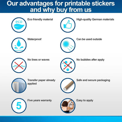 Advantages of printable stickers: eco-friendly, waterproof, bubble-free, easy to apply, and five-year warranty.