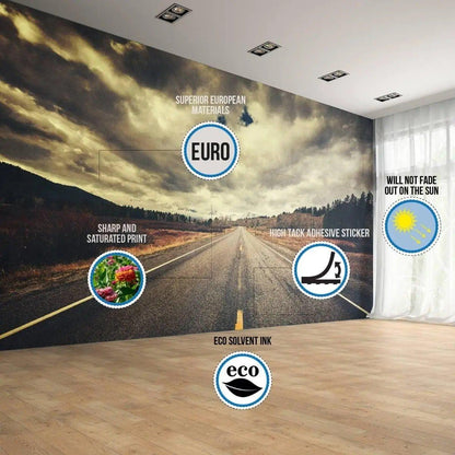 Infographic showcasing features of eco-friendly adhesive wallpaper, including materials, print quality, and durability.