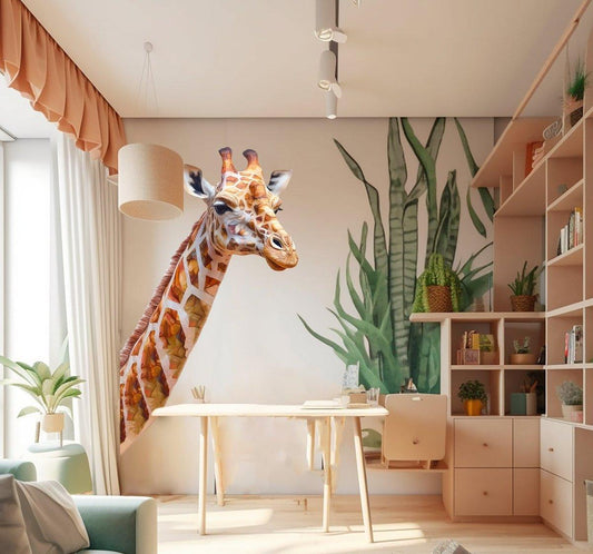 Vibrant giraffe wall decal in a stylish kid's room, adding playful safari charm to the nursery.