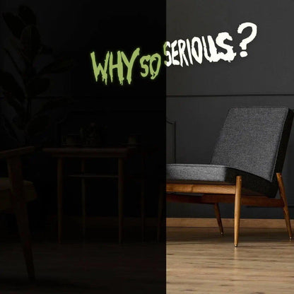 Glow in the dark 'Why So Serious?' Joker wall art decal on dark wall, modern room decor.