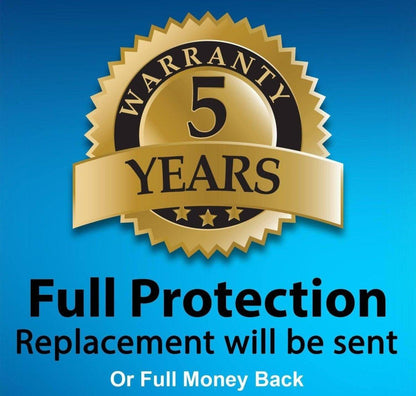 5-year warranty badge offering full protection or money back guarantee.