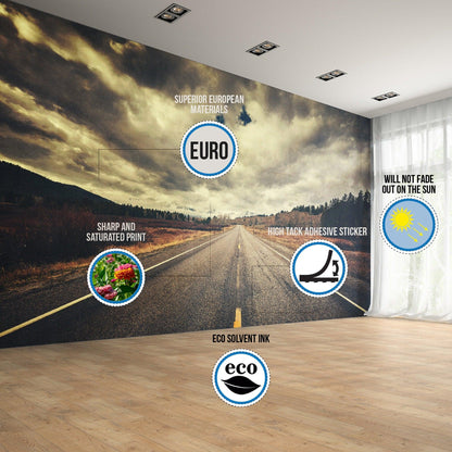 Modern wallpaper mural with road landscape, showcasing eco-friendly materials and vibrant print quality.