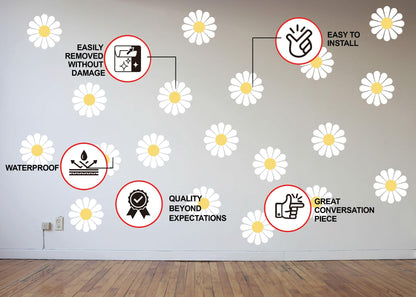 Wall adorned with elegant white daisy flower decals, showcasing easy installation and removable features.