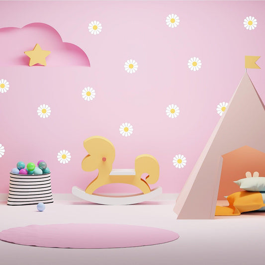 Playful nursery scene with pink walls, white daisy decals, a rocking duck, and a cozy tent for kids.