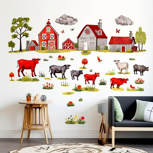 Farmyard wall decals featuring colorful cows, barns, and countryside scenes for a whimsical kids room decor.