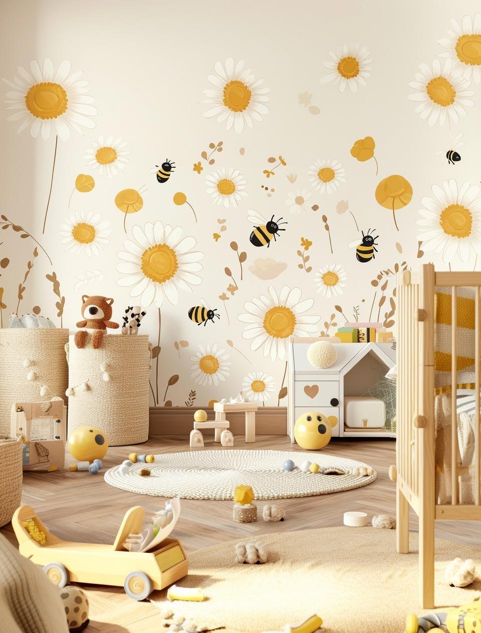 Daisy and bee wall decals in a cheerful nursery featuring yellow flowers and playful decor.