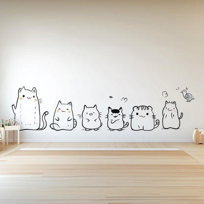 Cute cat wall decal sticker set featuring six quirky cartoon cats for kids' room or nursery decor.