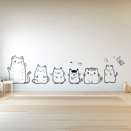 Cute cat wall decal sticker set featuring six quirky cartoon cats for kids' room or nursery decor.