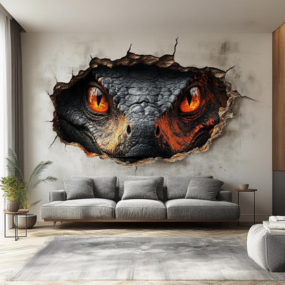 3D Fiery Dragon Wall Mural with intense dragon eyes peeking through a cracked wall design in a modern living room.