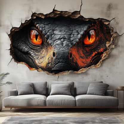 3D Fiery Dragon Wall Mural featuring intense fiery eyes peeking through a cracked wall design in modern living room.