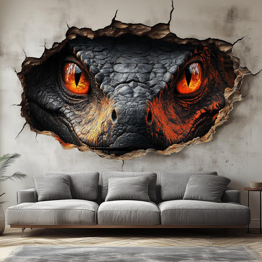 3D Fiery Dragon Wall Mural featuring intense fiery eyes peeking through a cracked wall design in modern living room.