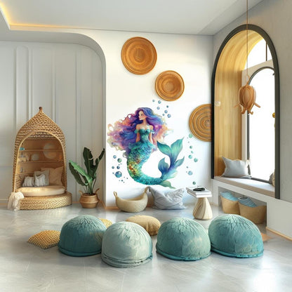 Colorful mermaid wall decal in a modern kids room, featuring vibrant ocean colors and playful decor accents.